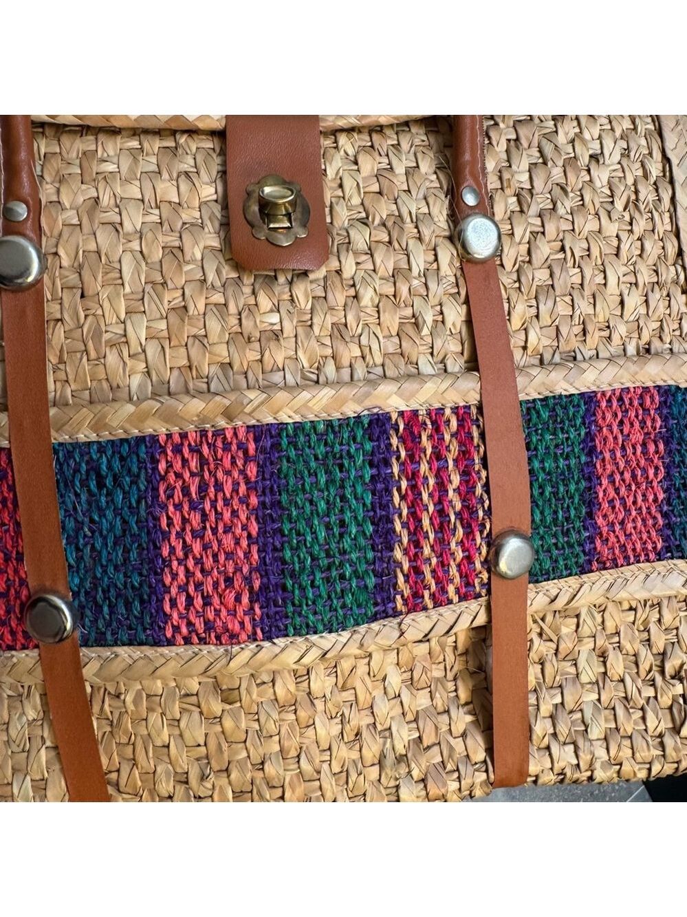 Women's Vintage 1970s Woven Straw Tote Bag Embroidered - Picture 5 of 6
